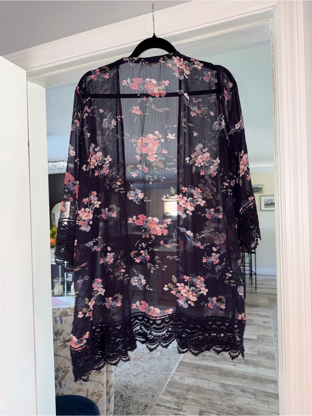 Sheer Black Floral Lace-Trim Kimono Robe - Women's Intimates